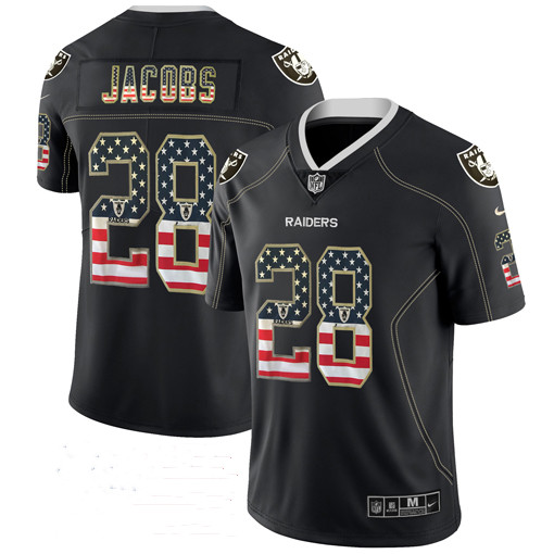 Men's Oakland Raiders #28 Josh Jacobs Black USA Flag Fashion Fashion Color Rush NFL Jersey Men's Oakland Raiders #28 Josh Jacobs Black USA Flag Fashion Fashion Color Rush NFL Jersey
